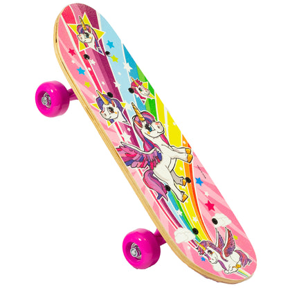 Pink skateboard with unicorn and rainbow design, bright magenta wheels, angled view on white background