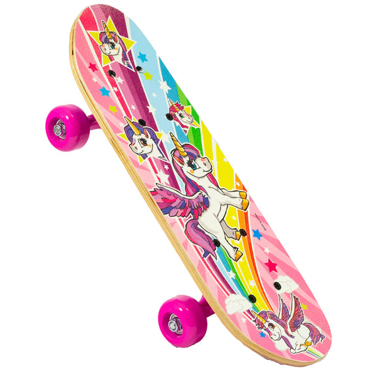 Pink skateboard with unicorn and rainbow design, bright magenta wheels, angled view on white background