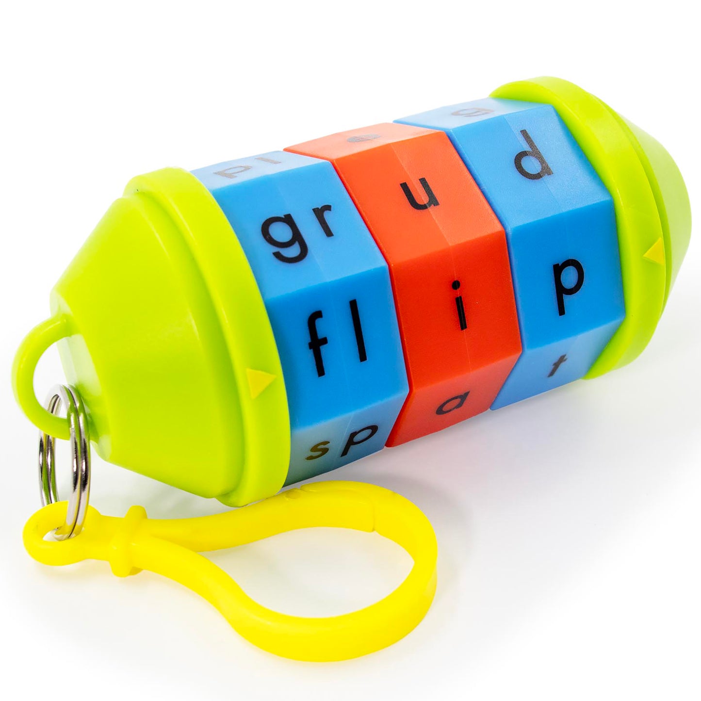 Junior Learning Spidget Word Tumbler phonics toy with colorful rotating blocks in blue, orange and neon yellow