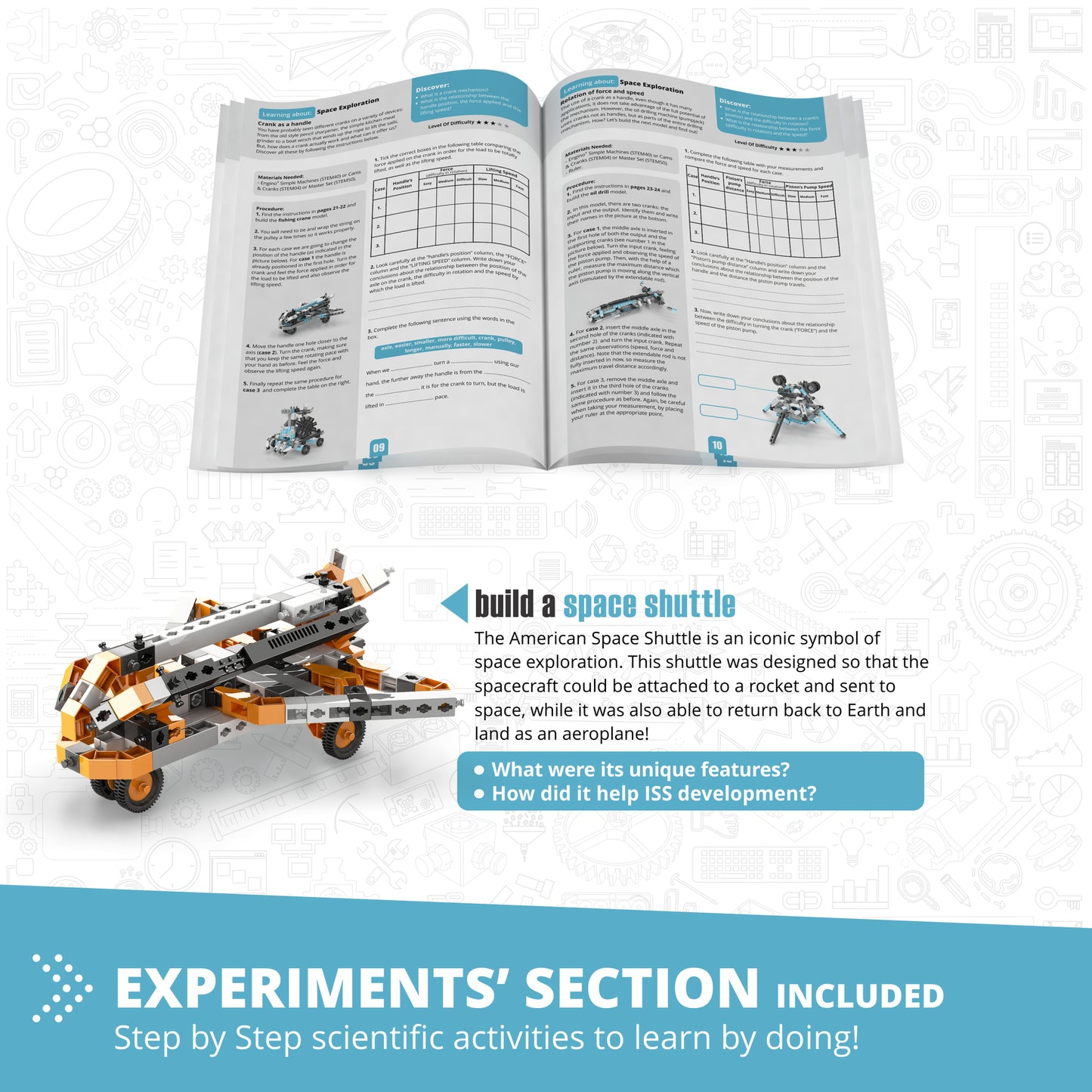 Engino Discovering STEM Astronomy building set with orange and gray space shuttle model and educational workbook pages
