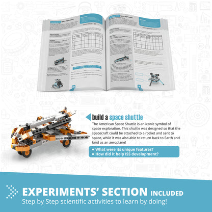 Engino Discovering STEM Astronomy building set with orange and gray space shuttle model and educational workbook pages