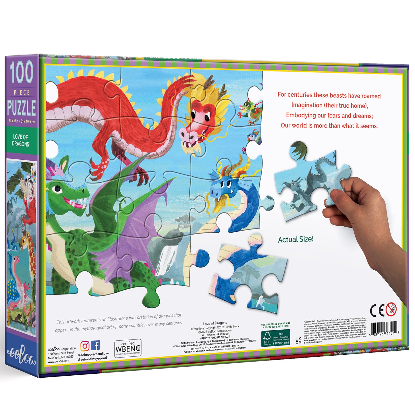 Love of Dragons 100 Piece Puzzle featuring colorful red, green, and blue dragons in a whimsical sky scene