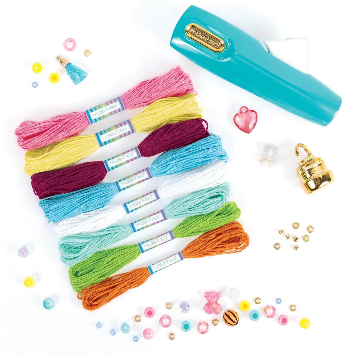 Make It Real Quick Twist Bracelet Maker kit with turquoise device, colorful threads, and beads