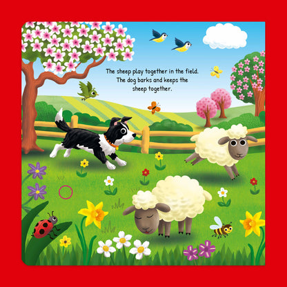 Listen & Discover On The Farm book showing colorful illustration of dog herding sheep in pastoral field scene