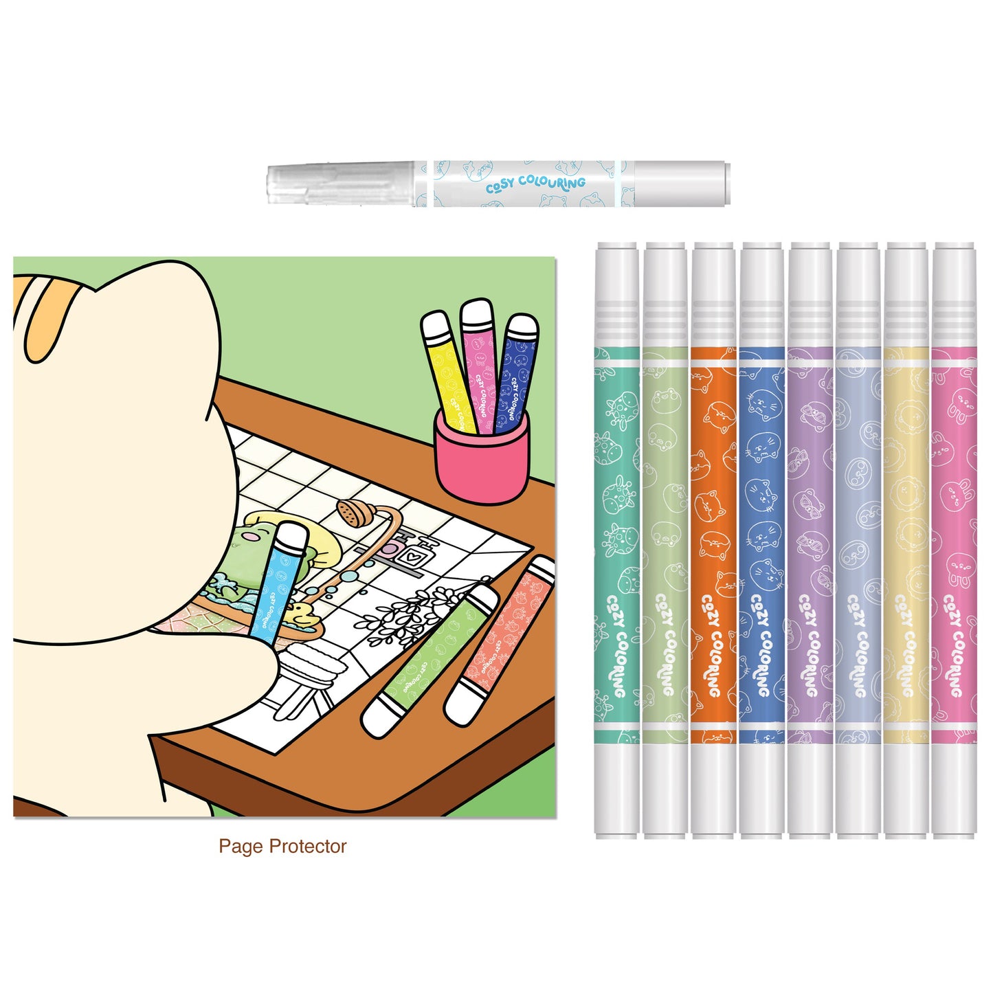 Art Maker Cozy Coloring Kit with 8 markers, page protector, and coloring pages