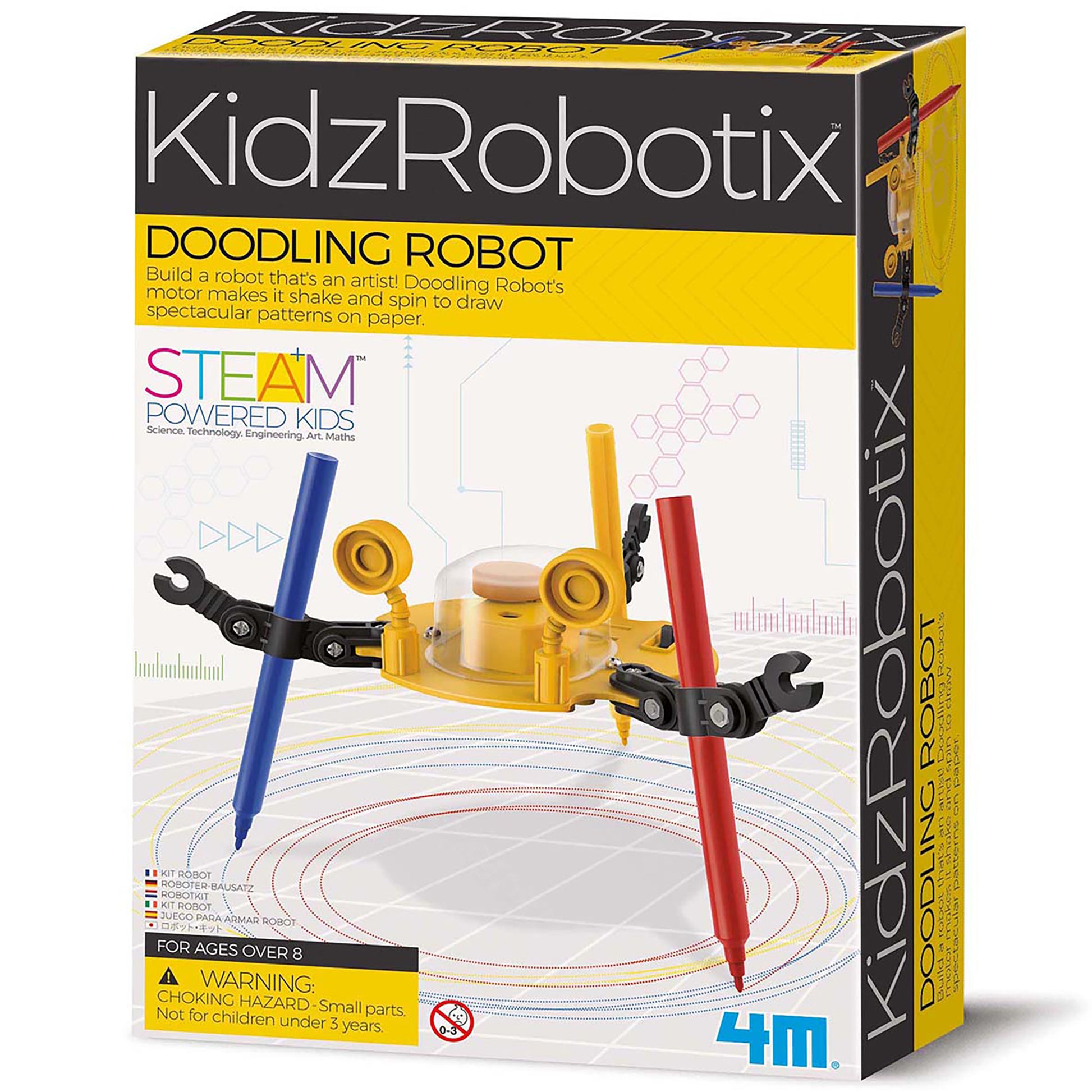 KidzRobotix Doodling Robot STEAM kit with yellow motor base, blue and red marker holders