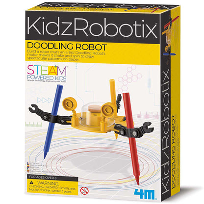 KidzRobotix Doodling Robot STEAM kit with yellow motor base, blue and red marker holders