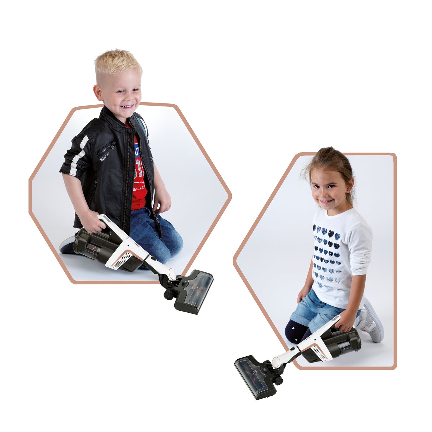 Miele Triflex HX2 Pro white toy vacuum cleaner with two children playing