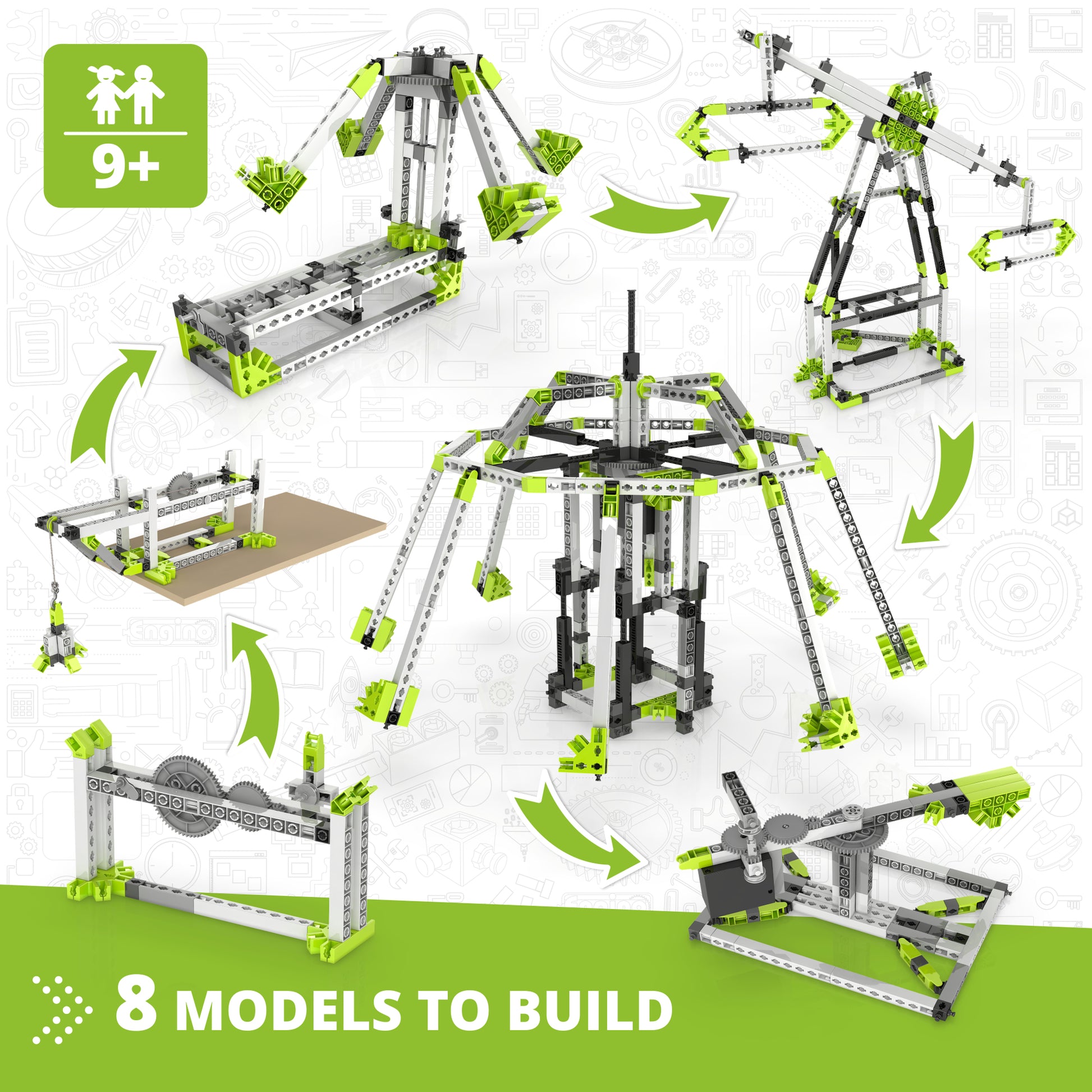 Engino STEM Amusement Park building set with 8 motorized models in green and gray