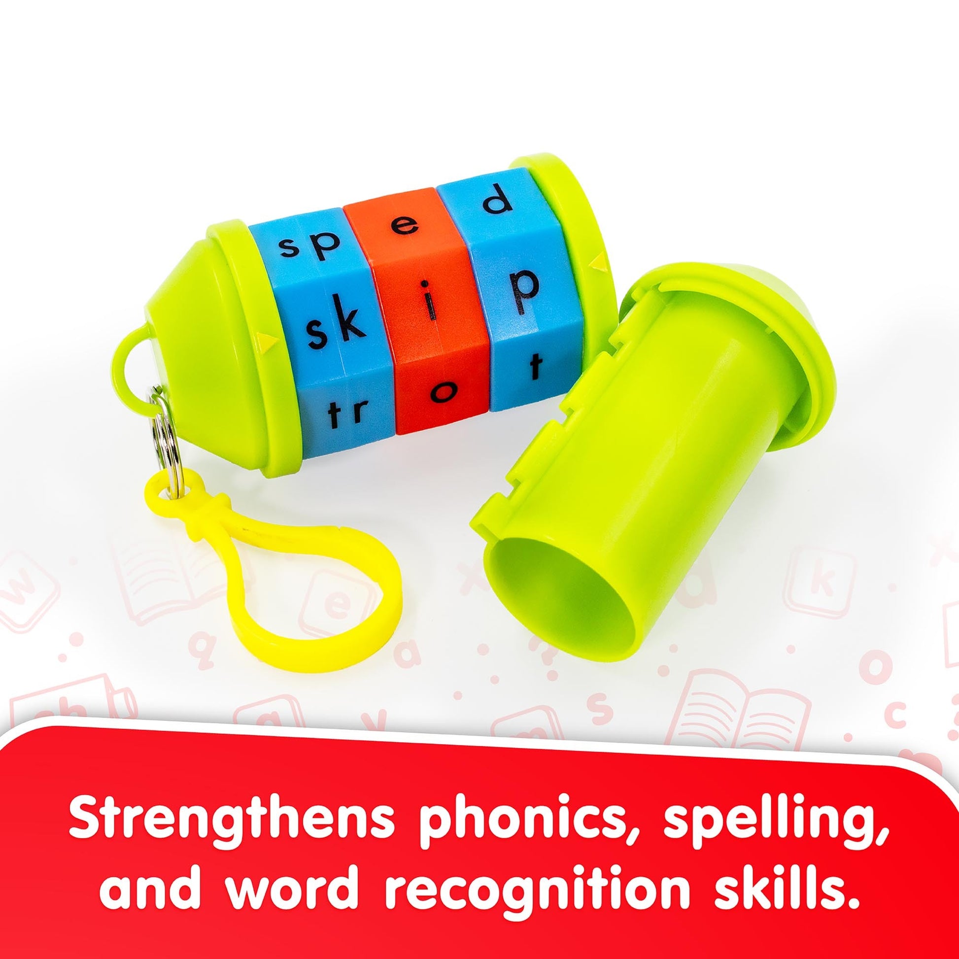 Junior Learning Spidget Word Tumbler with colorful rotating bands showing letter blends and phonics on bright yellow ...