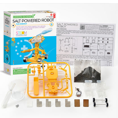 Green Science Salt-Powered Robot STEM kit with yellow robot, parts, and salt battery components