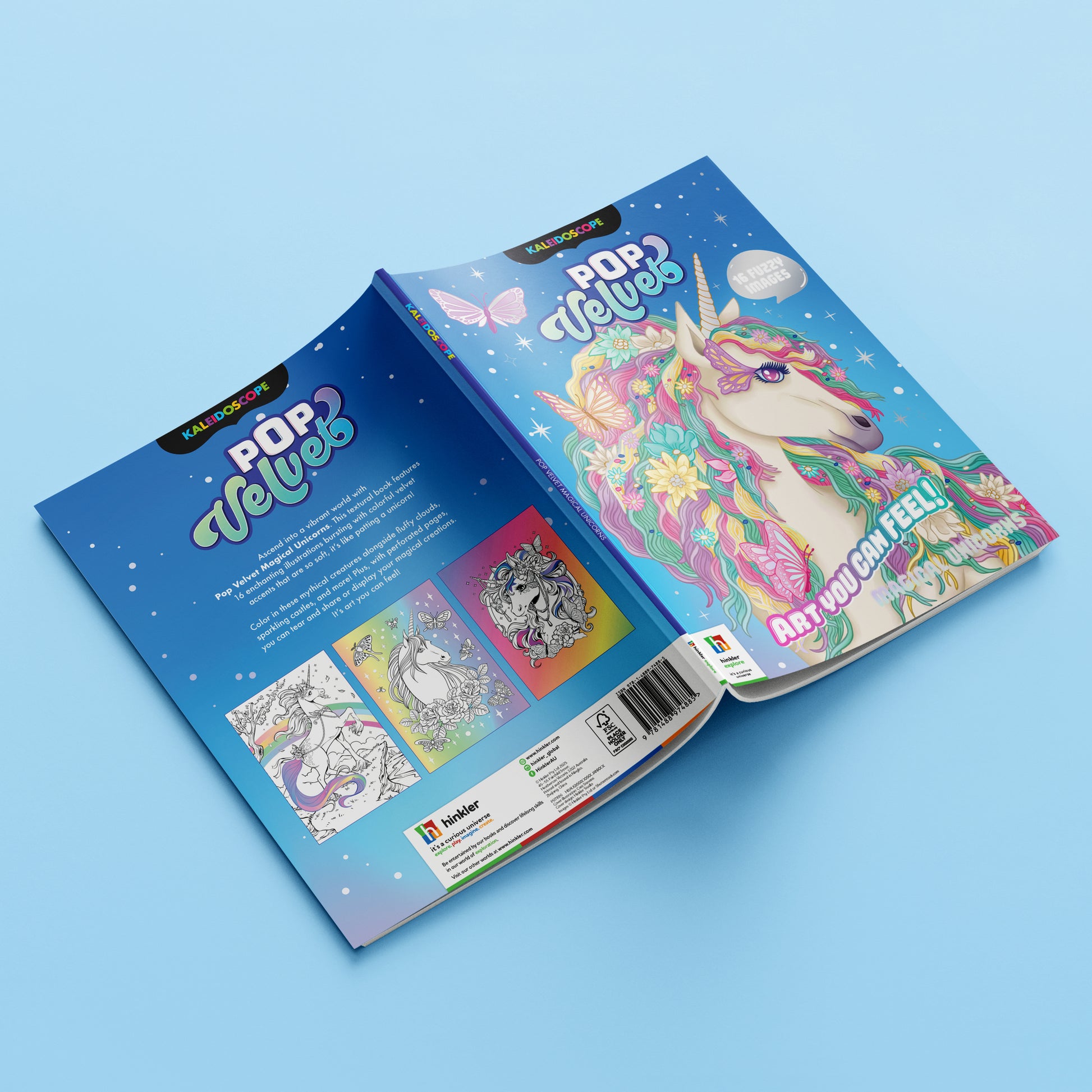 Pop Velvet Coloring Magical Unicorns book with colorful unicorn design on blue cover