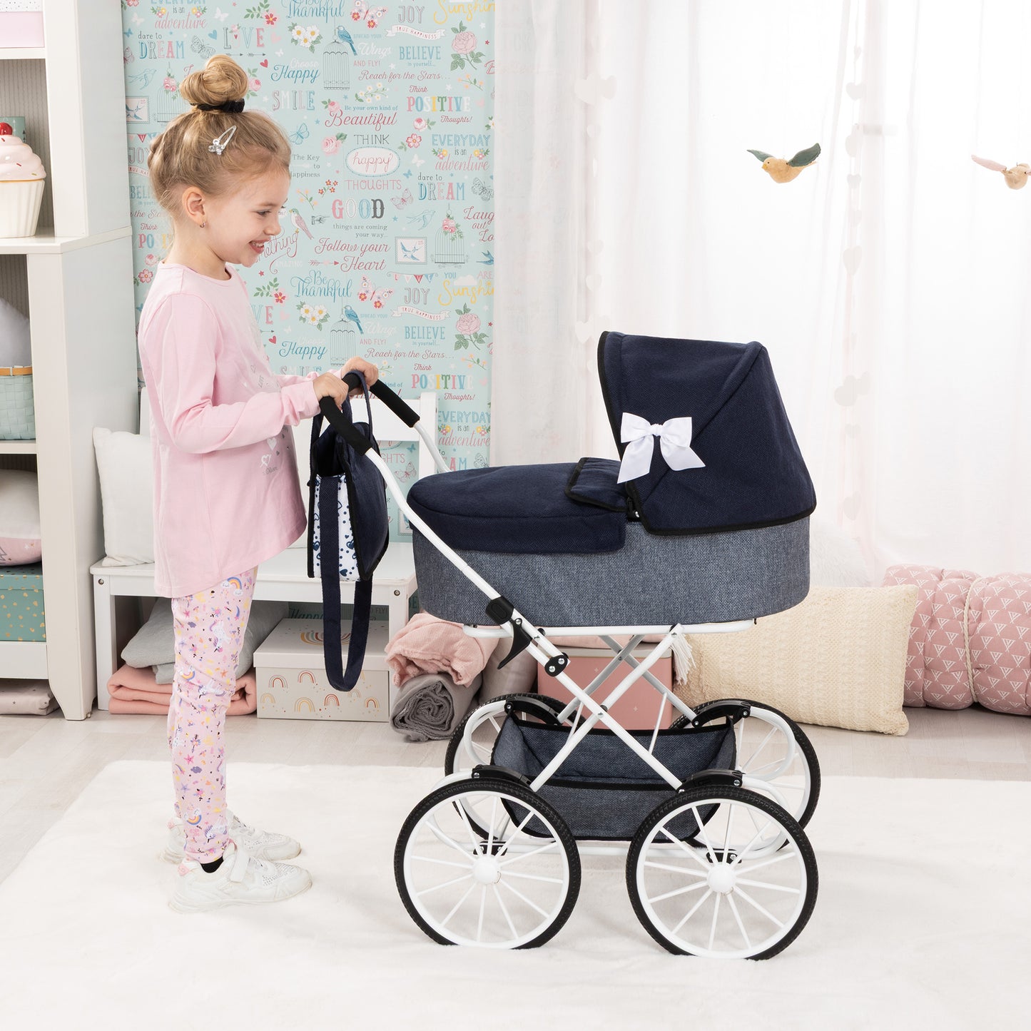 Bayer Design Dolls Pram Classic in navy and grey with white wheels