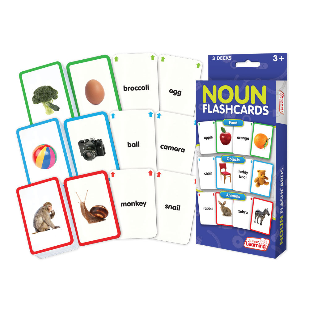 Junior Learning Noun Flashcards set showing three decks with color-coded borders containing food, objects, and animals cards displayed fanned out next to the bl