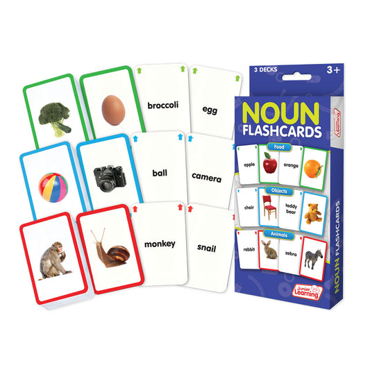 Junior Learning Noun Flashcards set showing three decks with color-coded borders containing food, objects, and animals cards displayed fanned out next to the bl