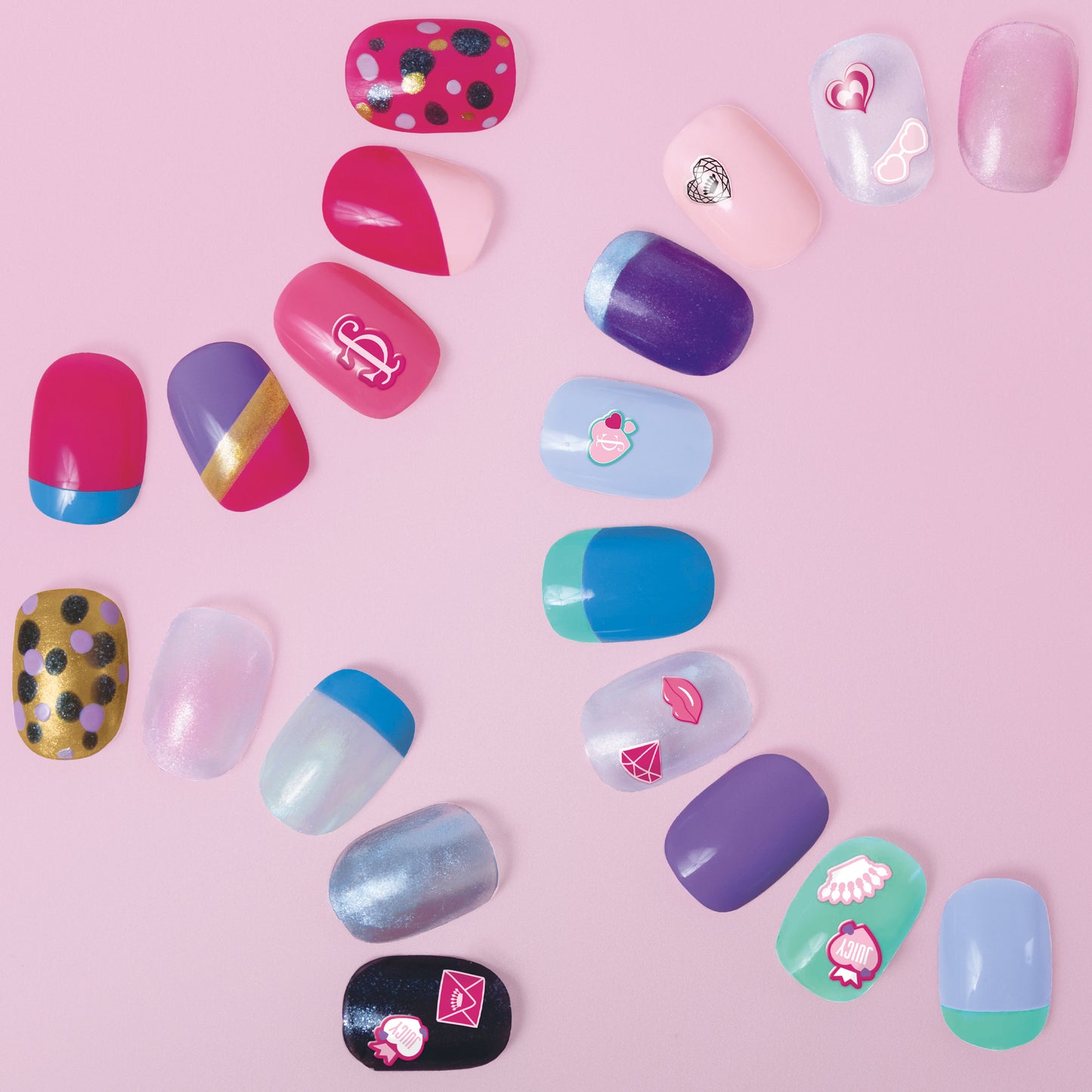 Juicy Couture Nail Polish Chic Design set with colorful nail wraps in pink, blue, and purple