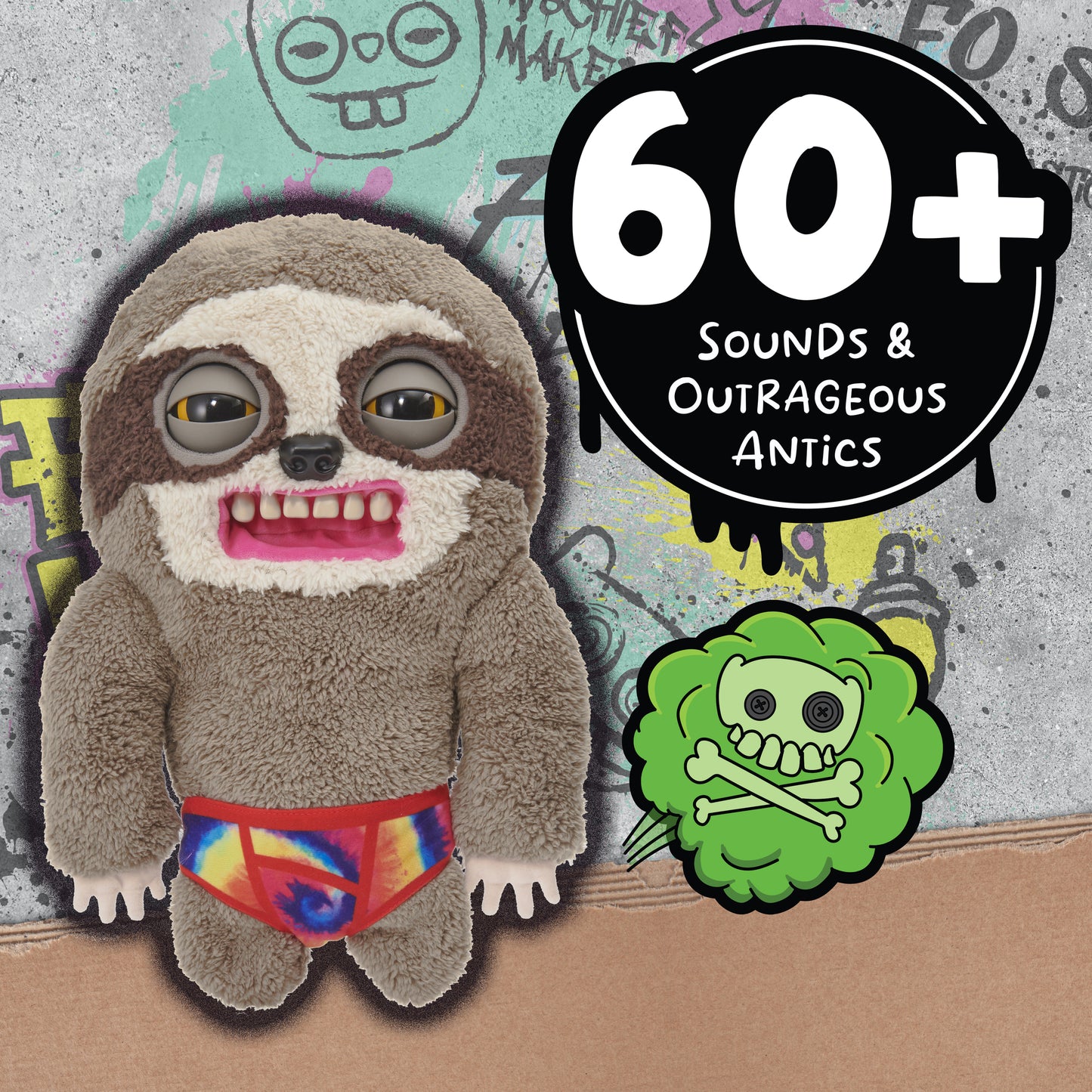 Fugglers Sickening Sloth plush toy with pink mouth, brown fur, colorful shorts