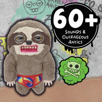 Fugglers Sickening Sloth plush toy with pink mouth, brown fur, colorful shorts