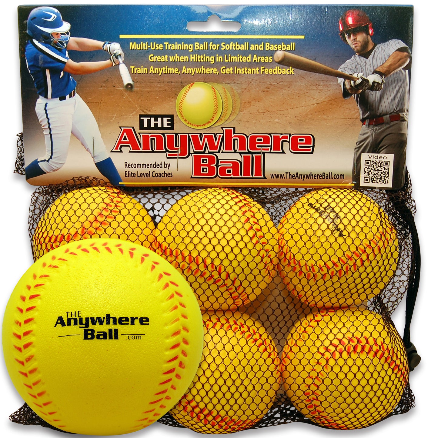 The Anywhere Ball 6-pack training set with yellow foam softballs and red stitching in mesh bag, showing packaging with softball and baseball players