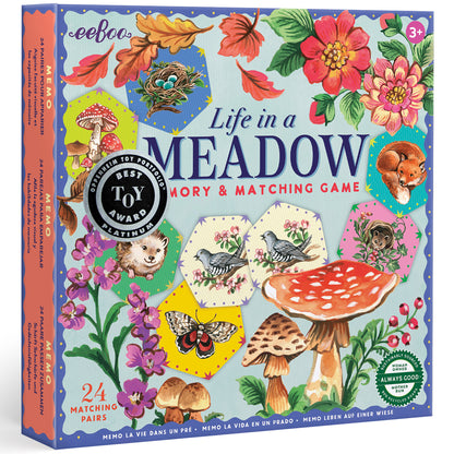 Life in a Meadow Memory & Matching Game box with colorful flowers, mushrooms, birds, and woodland creatures