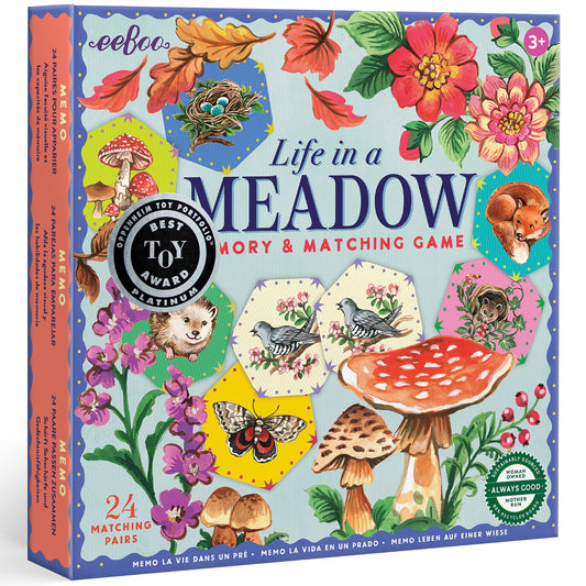 Life in a Meadow Memory & Matching Game box with colorful flowers, mushrooms, birds, and woodland creatures