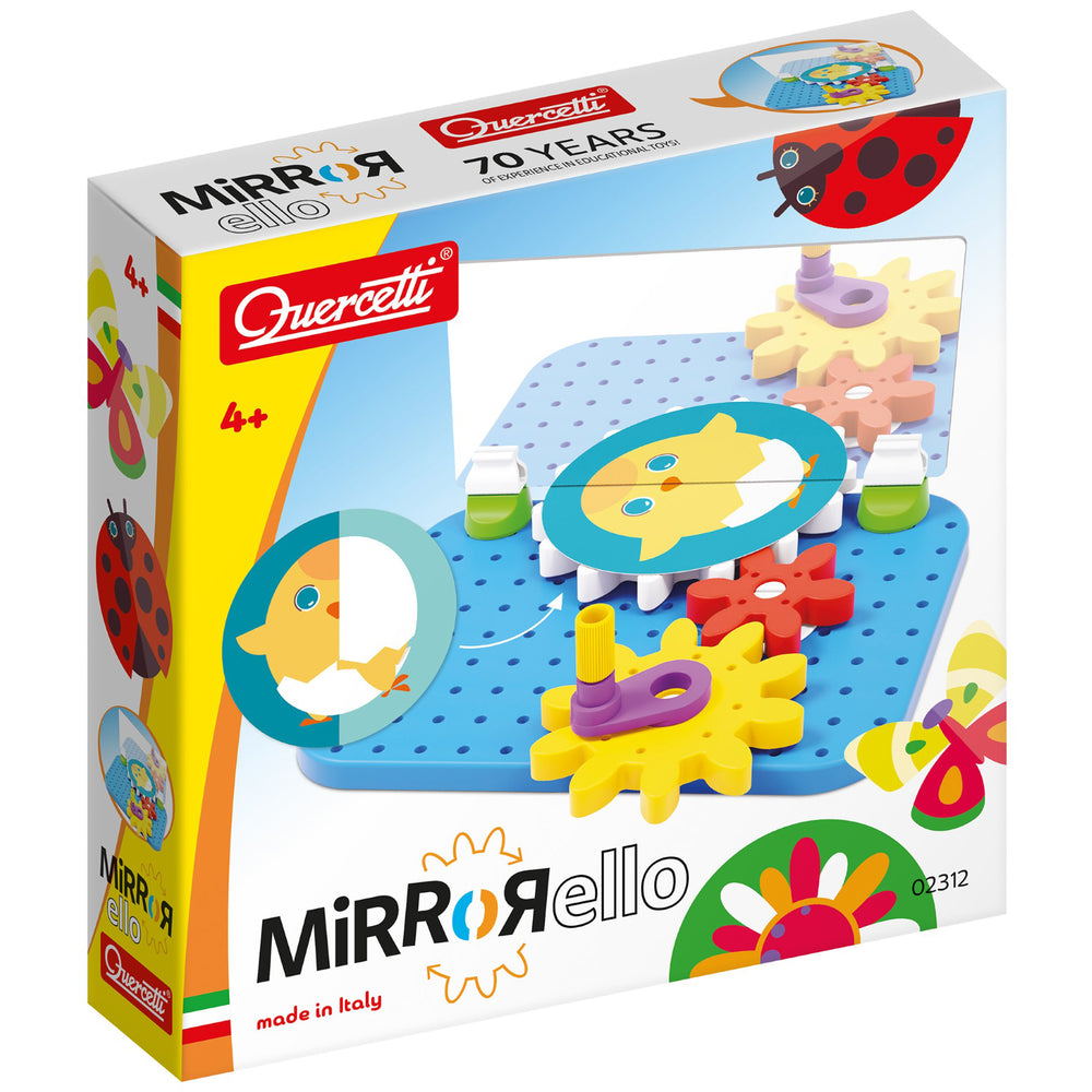 Quercetti Mirrorello interactive gear assembly toy with colorful fish-shaped gears on blue pegboard base, age 4+