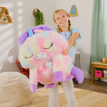 Happy Nappers Rainbow Unicorn Large Pillow & Sleepy Sack, pastel pink, purple, blue plush toy