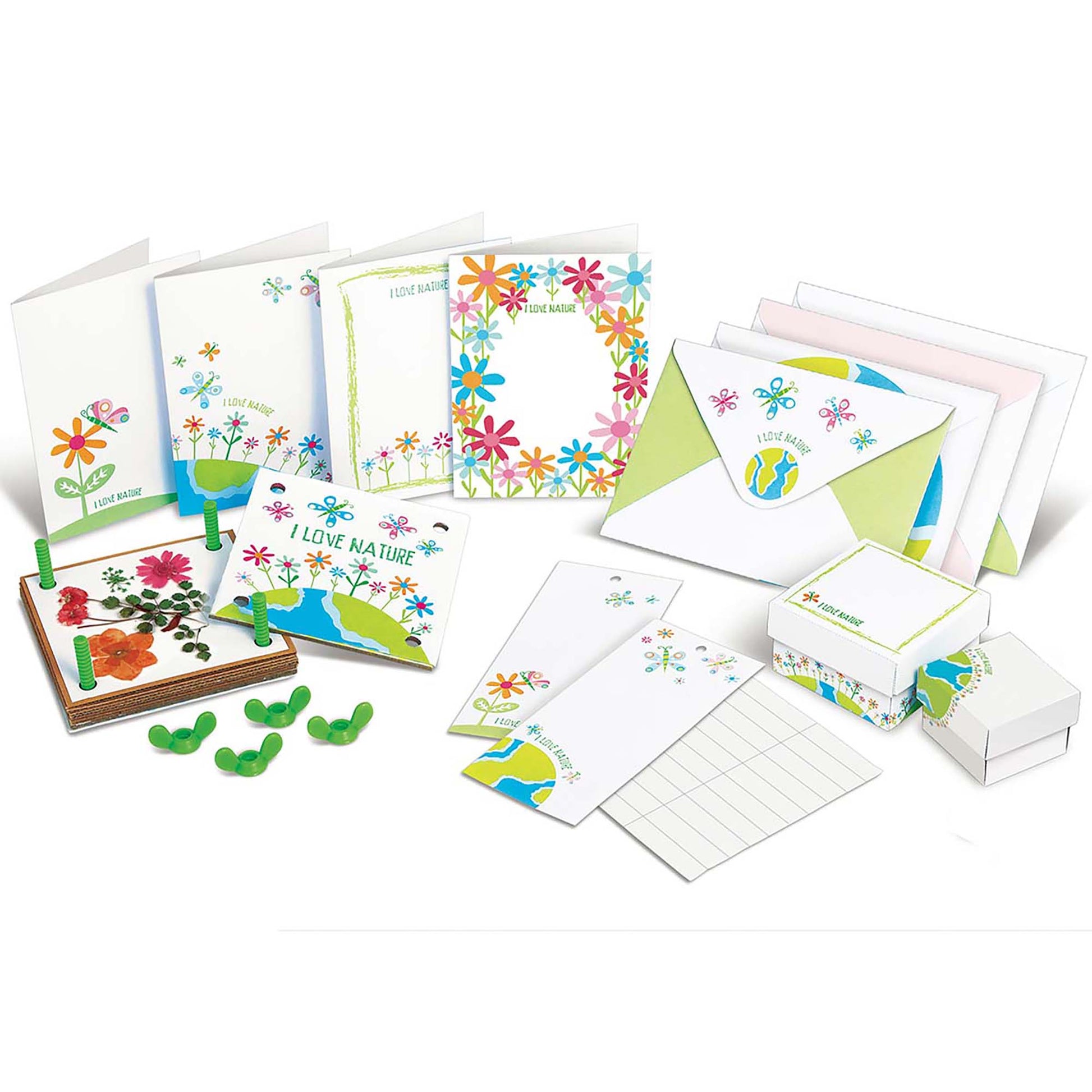 Green Creativity Pressed Flower Art set with colorful cards, flowers, and nature crafts