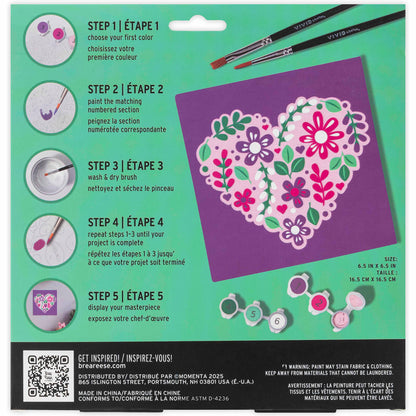 Mini Paint By Number Flower Heart craft kit with purple canvas, paintbrushes, and colorful paint palette