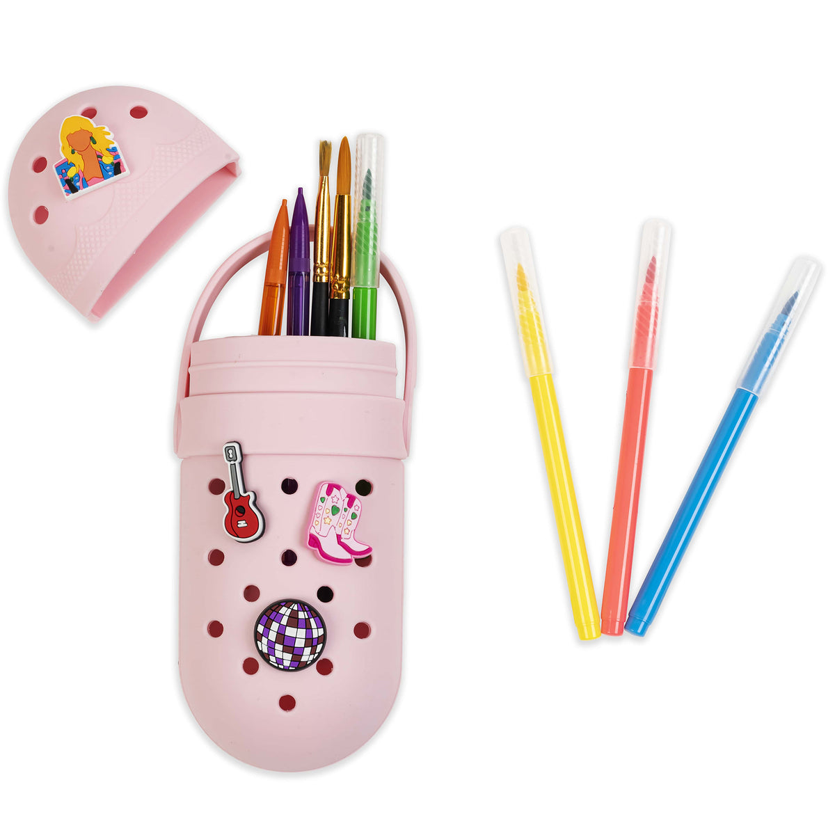 Charm Pencil Case Popstar Blush pink with decorative charms, brushes, and gel pens