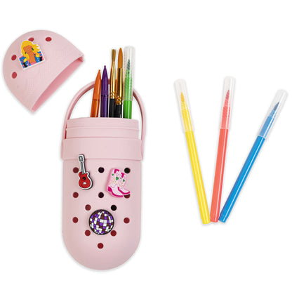 Charm Pencil Case Popstar Blush pink with decorative charms, brushes, and gel pens
