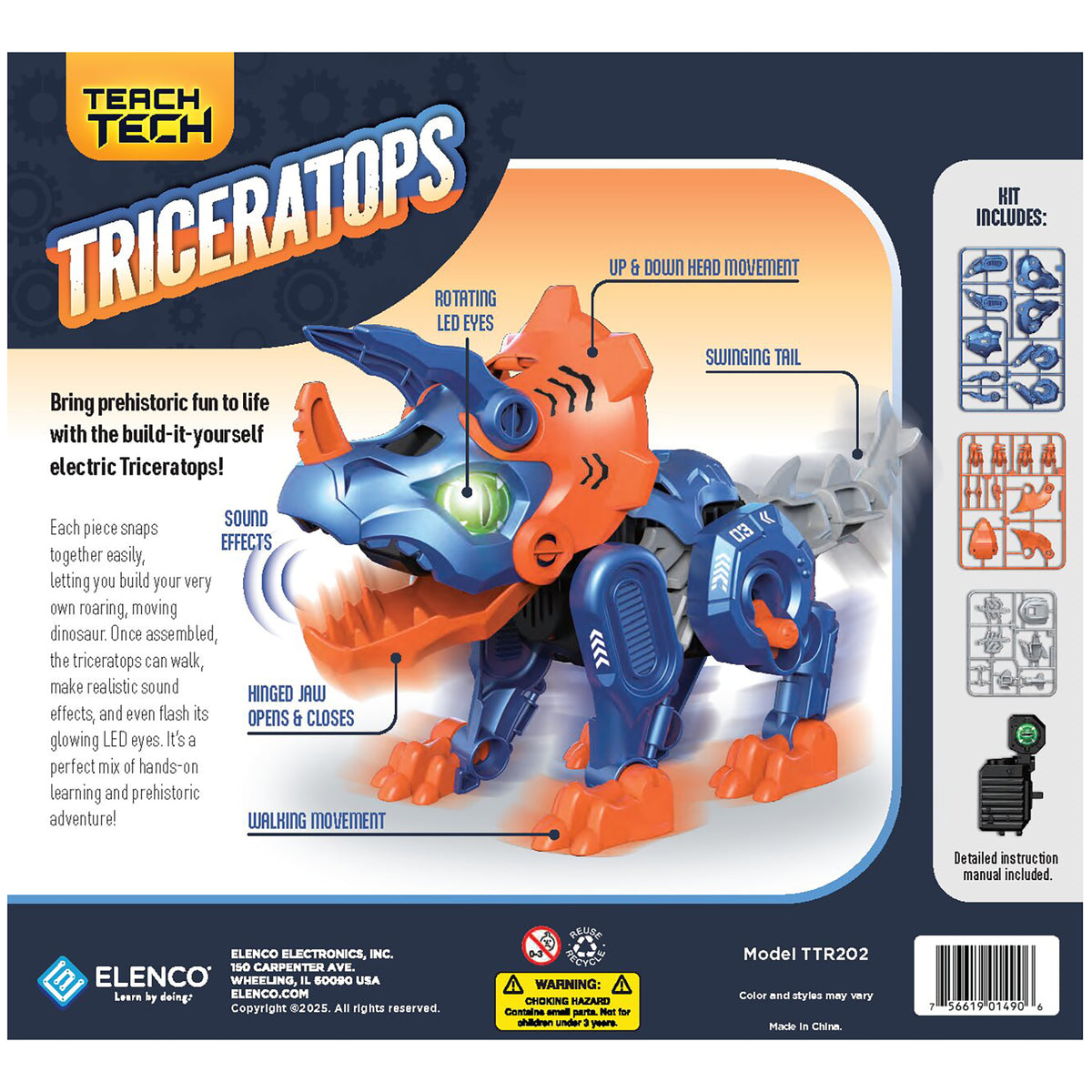 TEACH TECH Triceratops electric robot toy in blue and orange with LED eyes and walking movement
