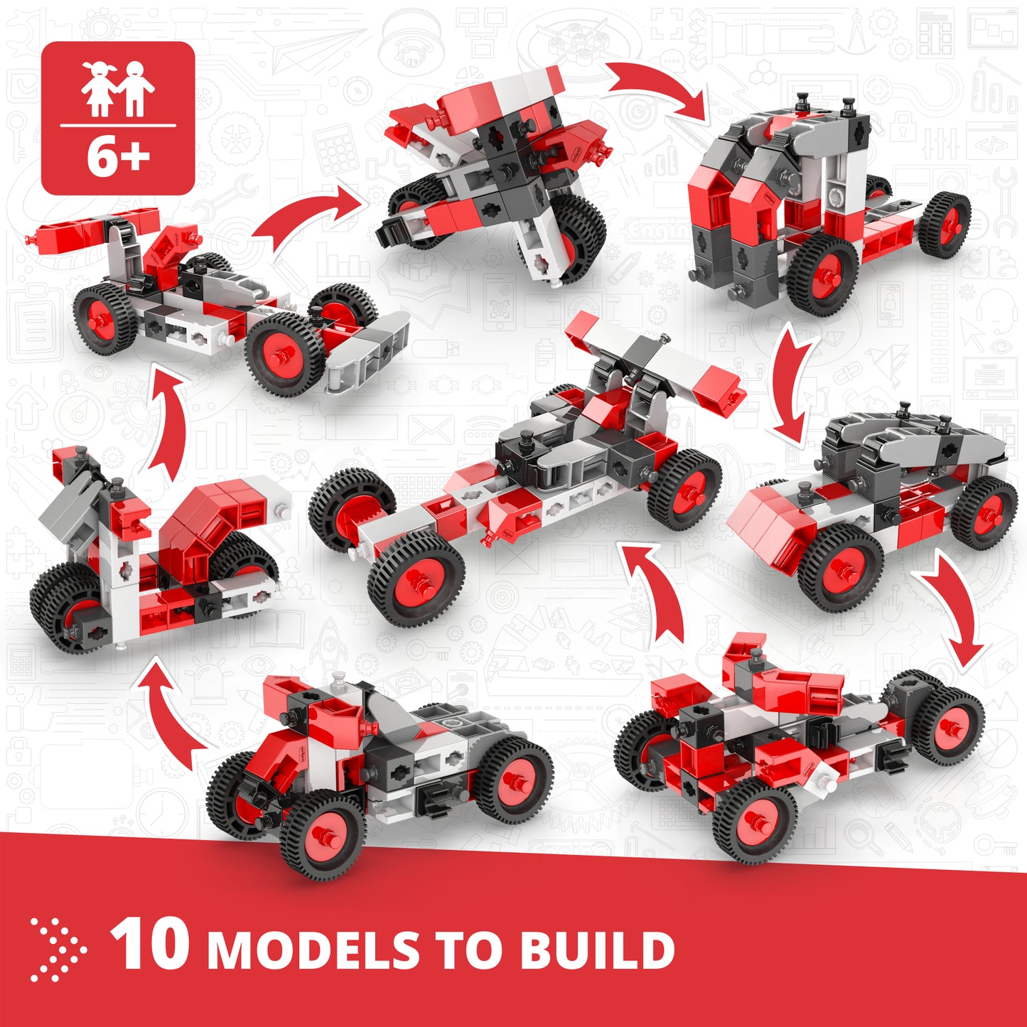 Engino Creative Builder 10-In-1 Vehicles Set with 50 red and gray building blocks showing 10 different vehicle models...