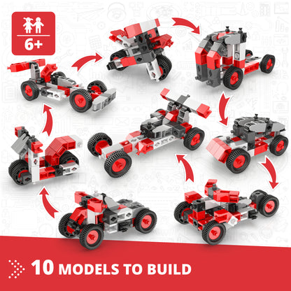 Engino Creative Builder 10-In-1 Vehicles Set with 50 red and gray building blocks showing 10 different vehicle models...