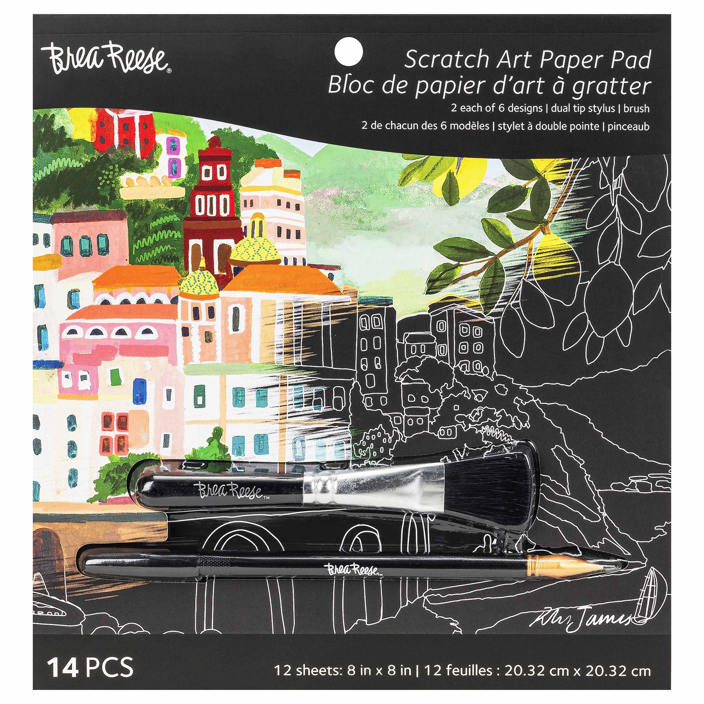 Brea Reese Scratch Art Paper Pad with colorful landscape designs, stylus, and brush