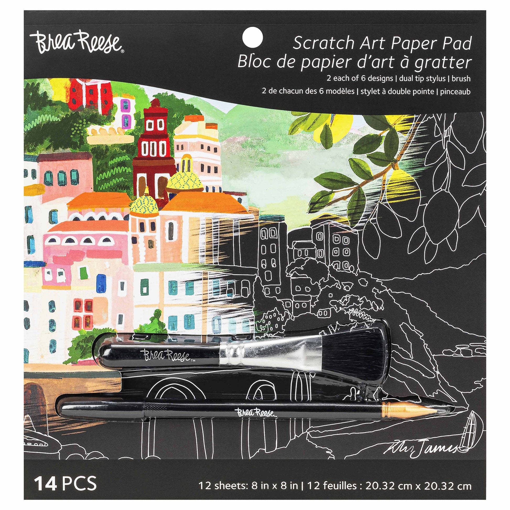 Brea Reese Scratch Art Paper Pad with colorful landscape designs, stylus, and brush