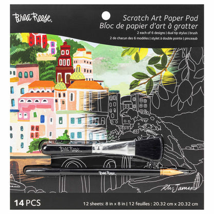Brea Reese Scratch Art Paper Pad with colorful landscape designs, stylus, and brush