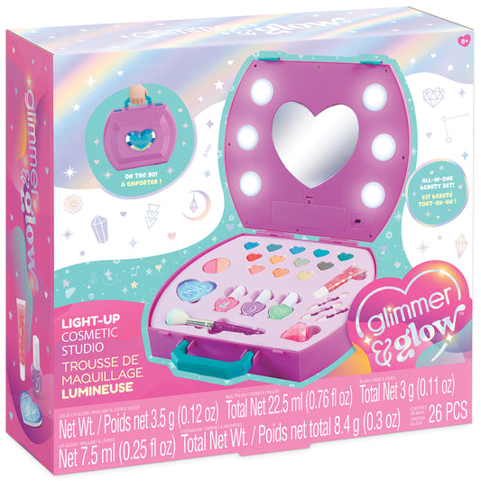 Glimmer & Glow Light-Up Cosmetic Studio purple beauty case with mirror and makeup accessories