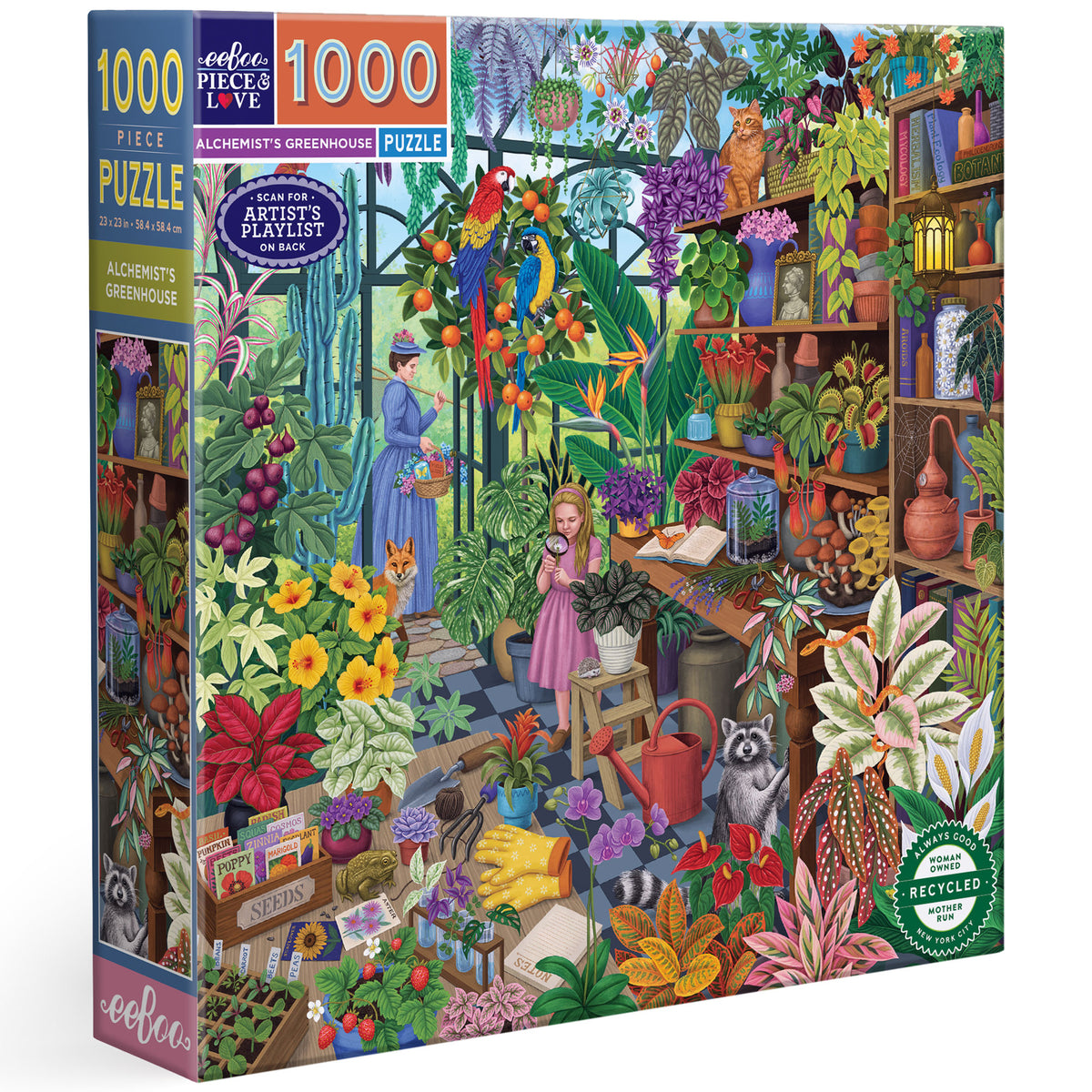 eeBoo Alchemist's Greenhouse 1000 piece jigsaw puzzle box featuring colorful botanical garden illustration