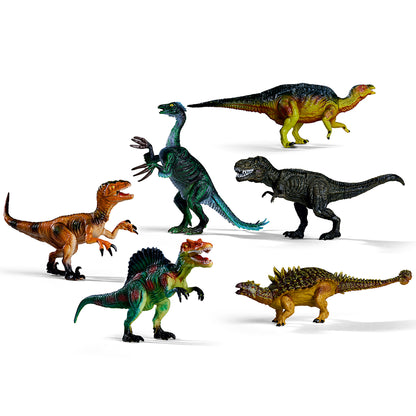 Six colorful dinosaur figures on white background: orange velociraptor, green pteranodon, black T-Rex, green spinosaurus, yellow-brown ankylosaur, and yellow-gr