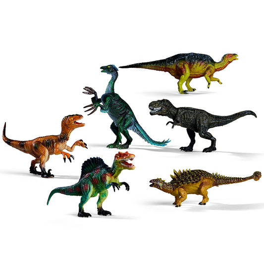 Six colorful dinosaur figures on white background: orange velociraptor, green pteranodon, black T-Rex, green spinosaurus, yellow-brown ankylosaur, and yellow-gr