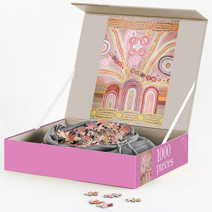 JOS 1000 Piece Puzzle - Journey Home in pink box with Aboriginal art design