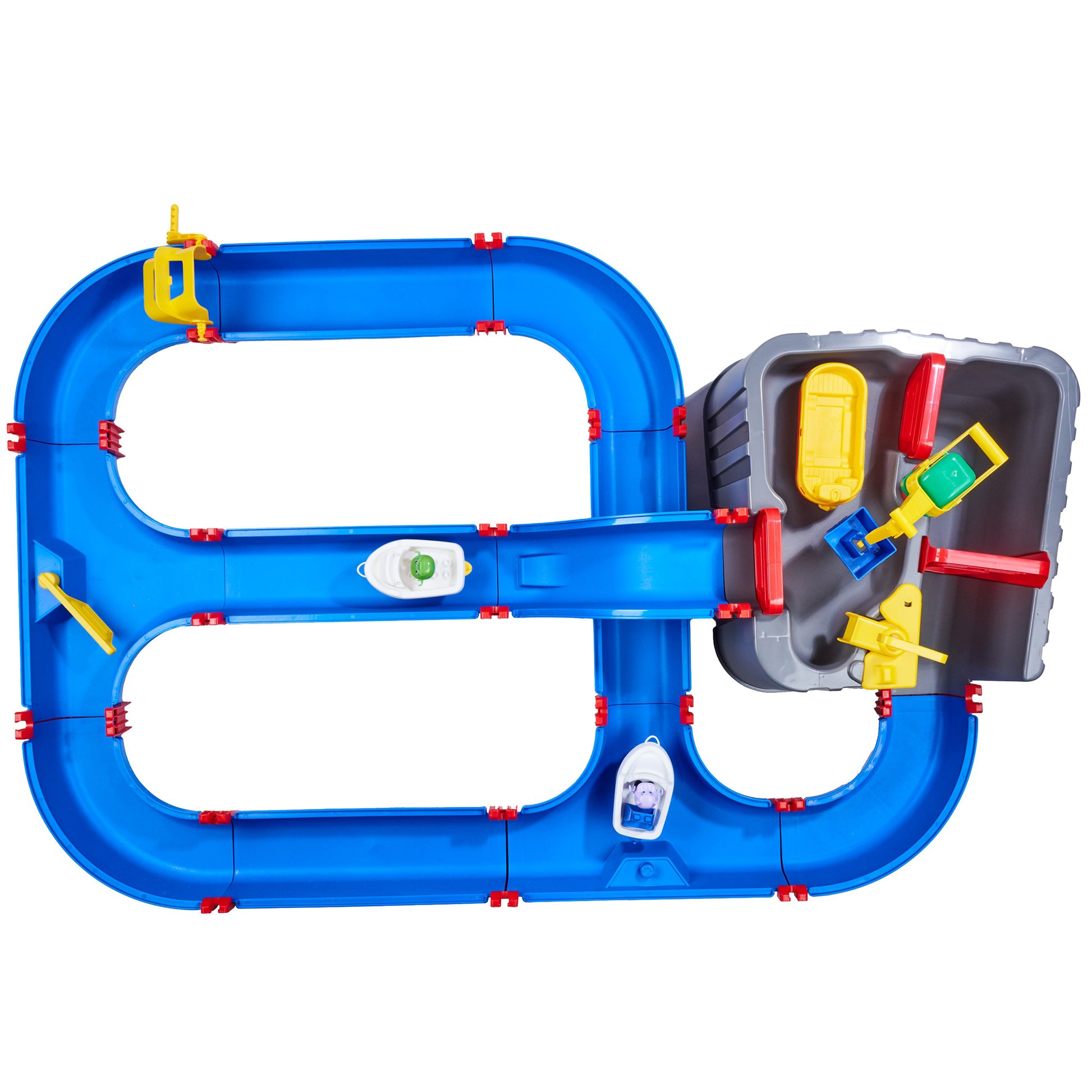 AquaPlay Harbor blue water table toy set with yellow crane, colored vehicles, and red connectors