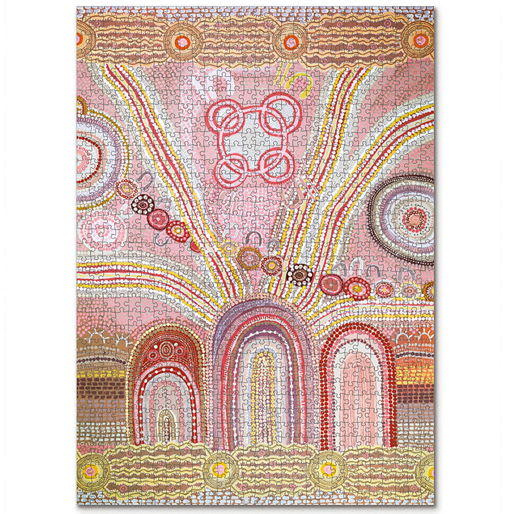 JOS 1000 Piece Puzzle Journey Home featuring Aboriginal art with pink, red, and gold circular patterns