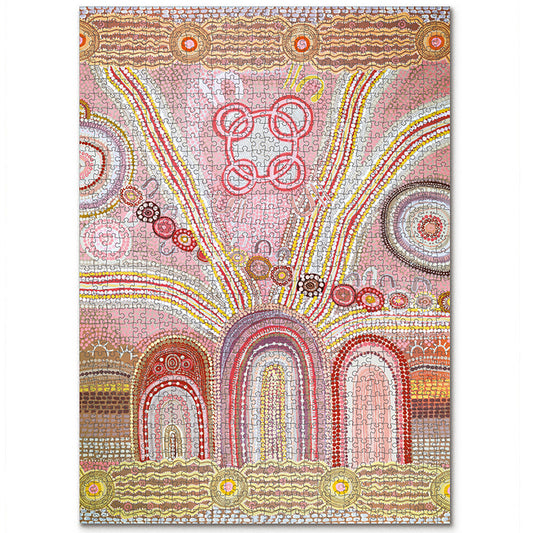 JOS 1000 Piece Puzzle Journey Home featuring Aboriginal art with pink, red, and gold circular patterns