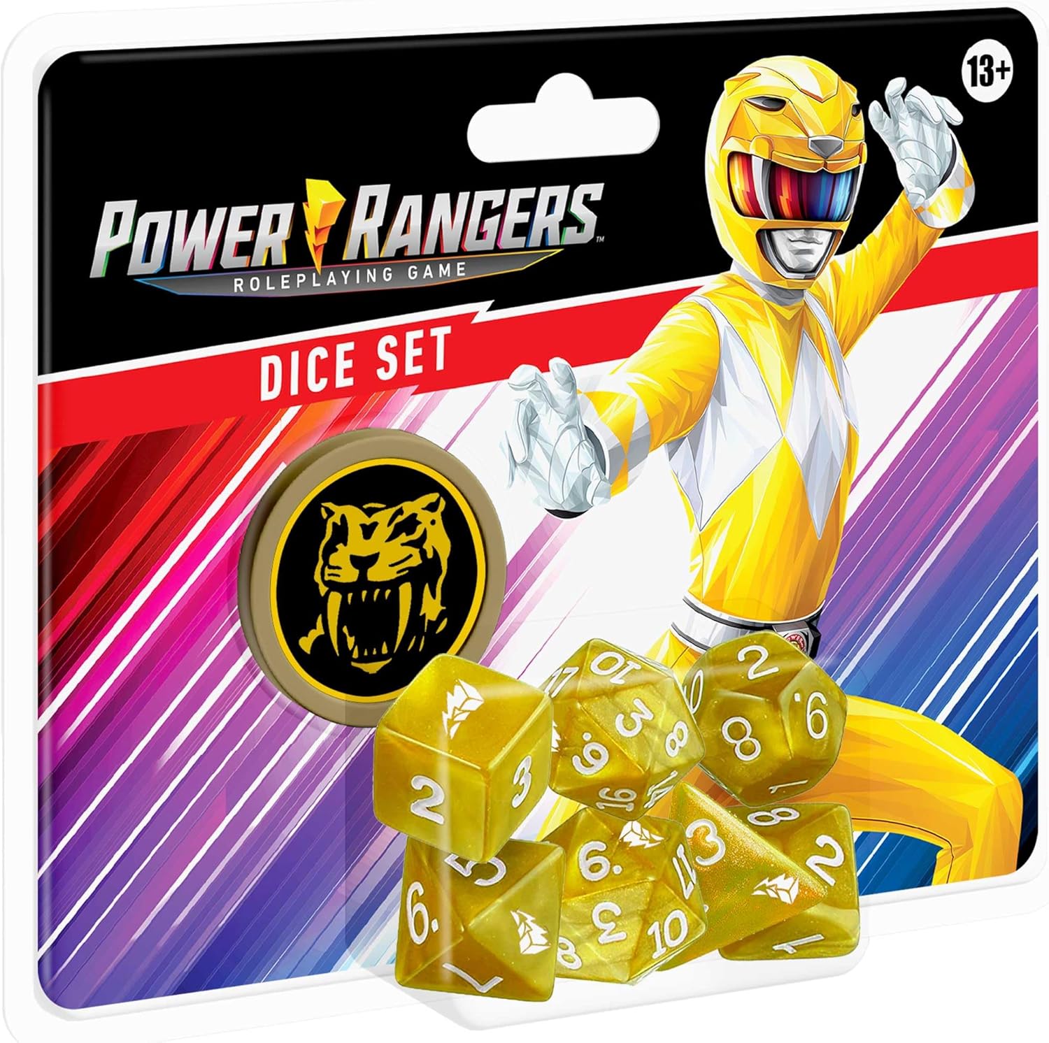Power Rangers Roleplaying Game Dice Set featuring yellow polyhedral dice with white numbers, tiger emblem coin, and Yellow Ranger character on packaging