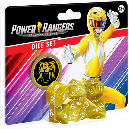 Power Rangers Roleplaying Game Dice Set featuring yellow polyhedral dice with white numbers, tiger emblem coin, and Yellow Ranger character on packaging