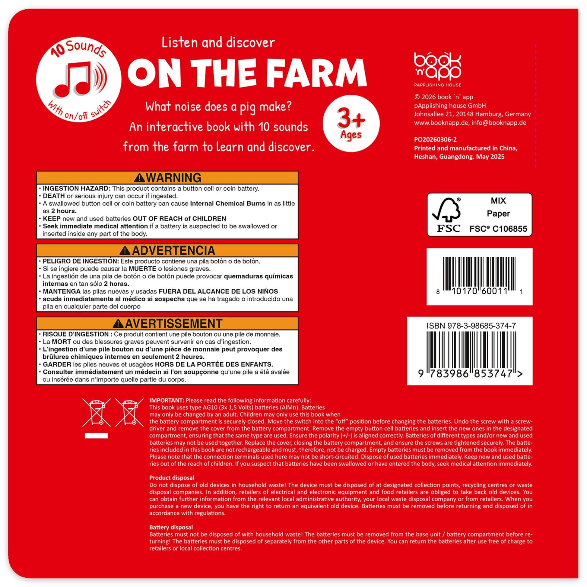 book 'n' app On The Farm interactive sound book with 10 sounds, red cover, ages 3+