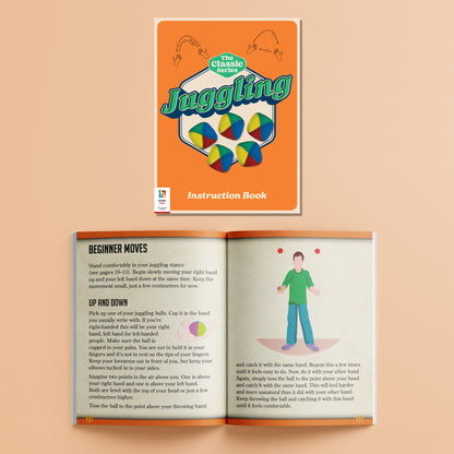 Hinkler Learn Juggling Retro Box instruction book with colorful juggling balls and beginner guide