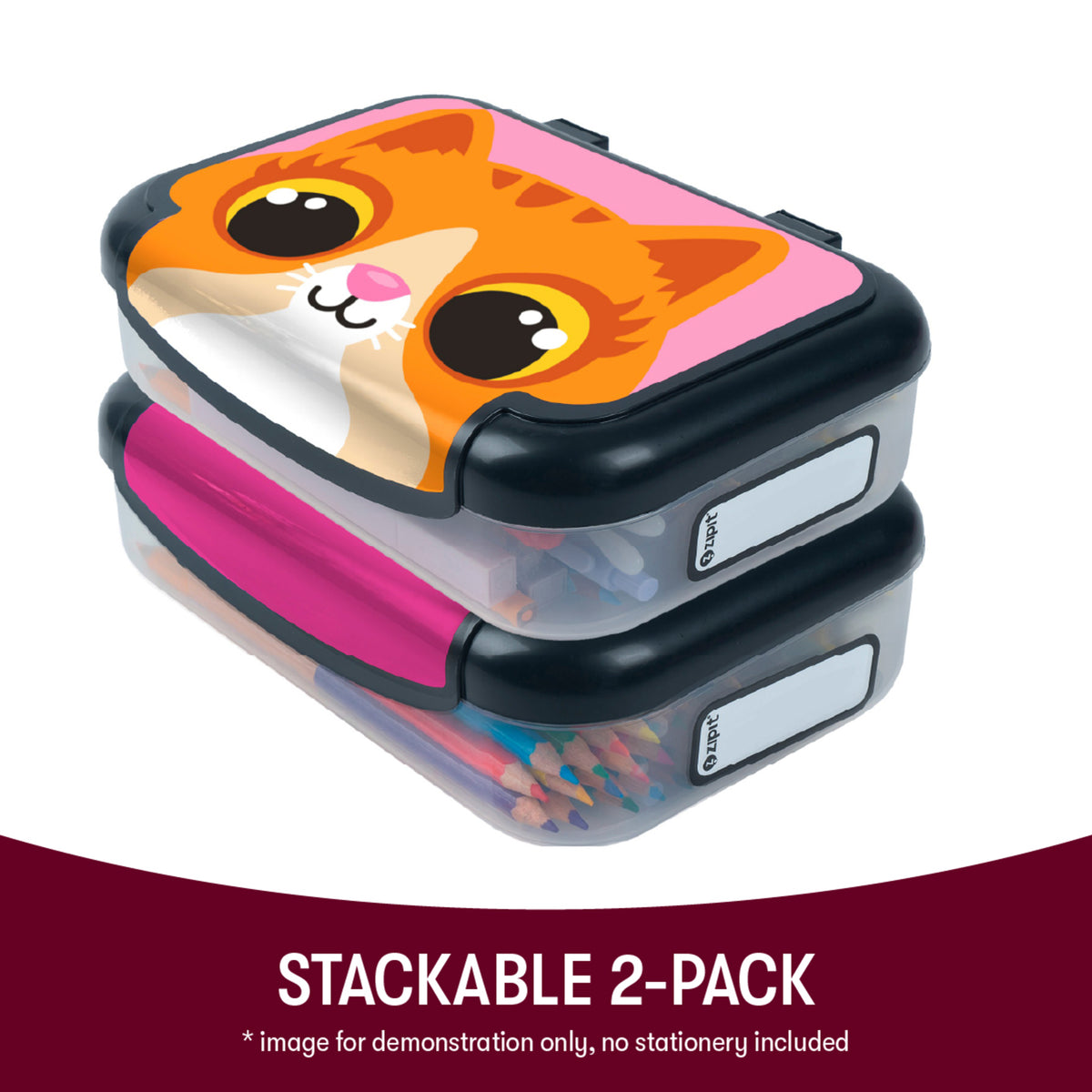 2-pack recycled plastic pencil boxes with orange kitty and pink unicorn designs